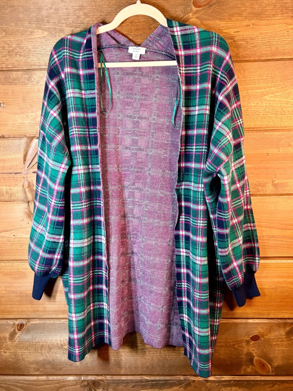 crown & ivy Pink and Teal Houndstooth Knit  Sweatshirt Open Cardigan Sweatshirt
